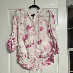 White and pink tie dye linen button up hoodie